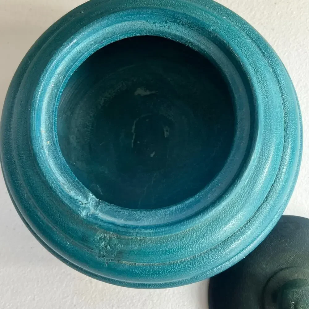 Vintage Lathe Turned Wooden Trinket Box with Lid Ombre Blue Teal